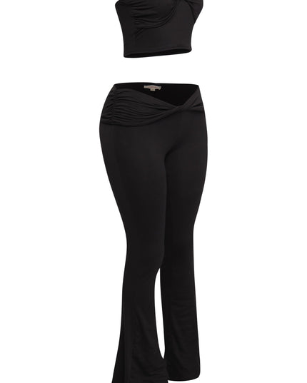 Black two-piece outfit with twist detail bandeau and comfy flare pants

