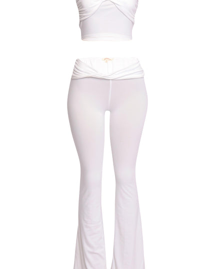 Bright white lounge outfit featuring twisted front top and sleek bottom

