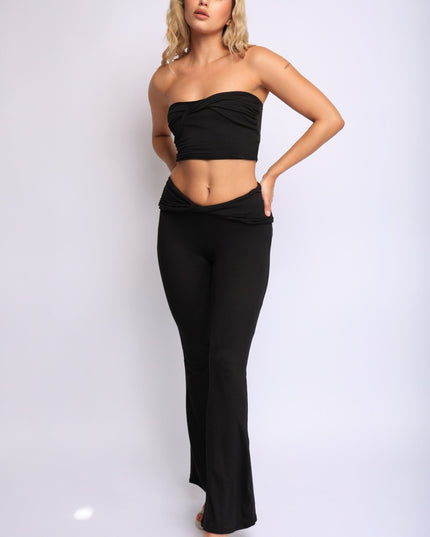 Classic black tube top and low rise flare pant set with stretch fabric

