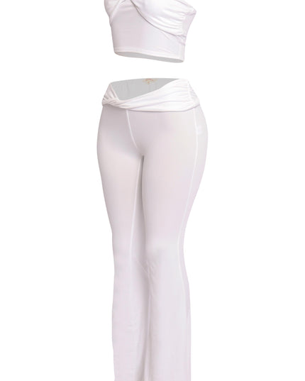 Minimalist white tube top and flared pant set with pull-on design

