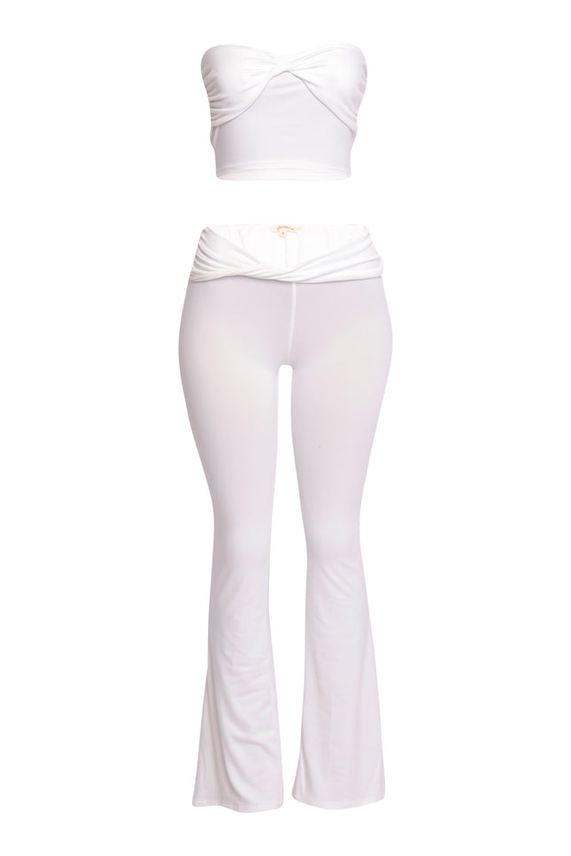 Bright white lounge outfit featuring twisted front top and sleek bottom

