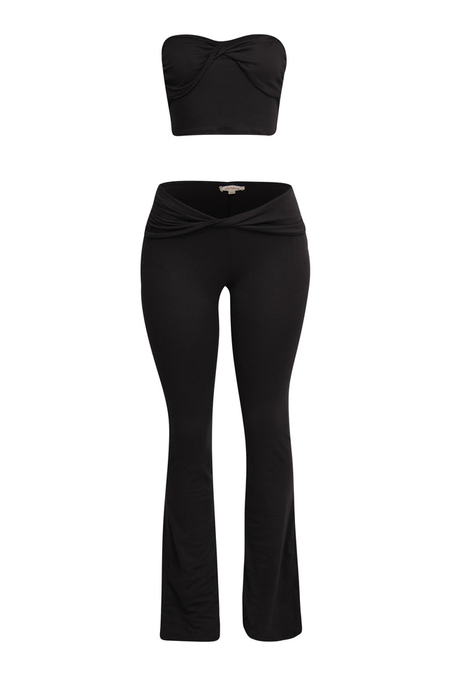 Black matching set with twisted front strapless top and soft flared leg

