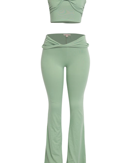 Sage green co-ord set with strapless crop top and relaxed-fit flared pants


