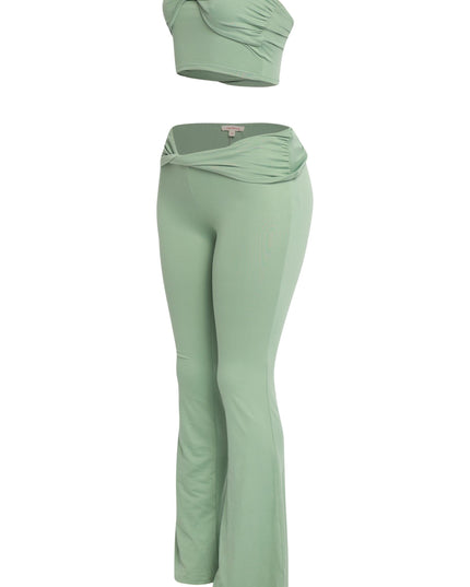 Trendy sage matching set with twisted bandeau and curve-accentuating flares

