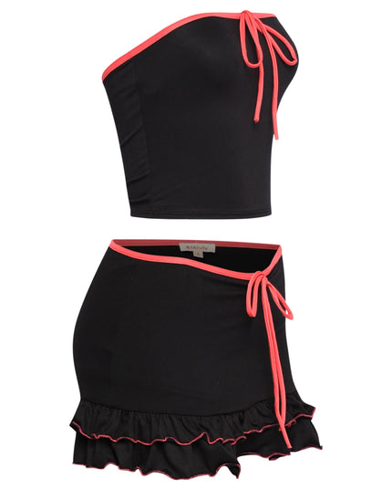 Flirty black skirt set featuring pink drawstring details, soft stretch fabric, and Y2K-inspired silhouette
