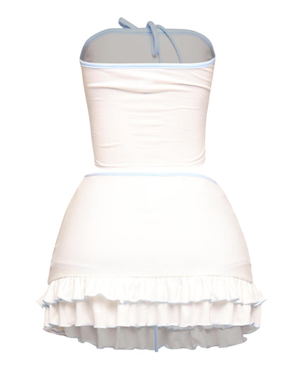 White two-piece with powder blue contrast edges, soft stretch fabric, and midrise skirt with girly ruffles