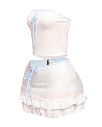 Dreamy white and blue co-ord set with delicate piping, comfy pull-on fit, and feminine flared hem