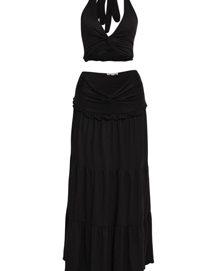 Sleek black co-ord skirt set with flirty twist detail and curve-hugging fit


