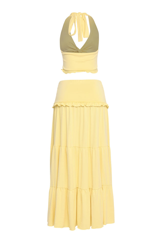 Sun-kissed yellow two-piece skirt set with merrow hem and plunging neckline

