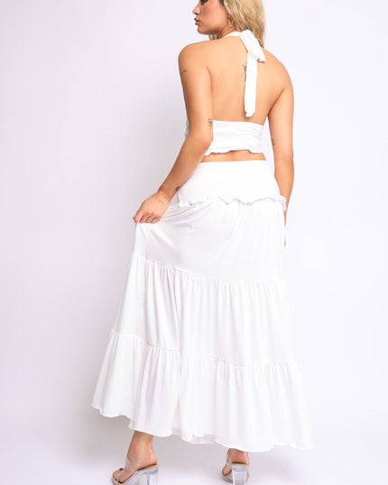 Summer white two-piece set with plunging neckline and flowy maxi skirt

