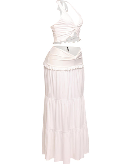 Lightweight white halter set with relaxed fit and feminine twist accents

