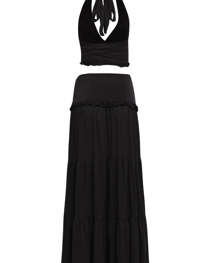 Black soft-stretch halter set with dramatic ruffled tiers and open back


