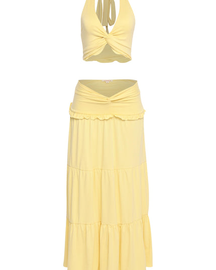 Breezy lemon yellow set with V-waist skirt and soft stretch halter top

