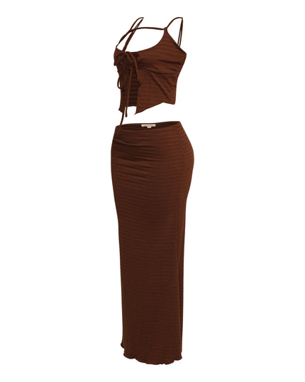 Soft brown smocked co-ord set with bodycon fit and adjustable tie front

