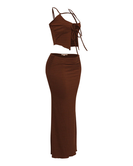Y2K-inspired mocha set with lettuce hem maxi and lace-up ruched top

