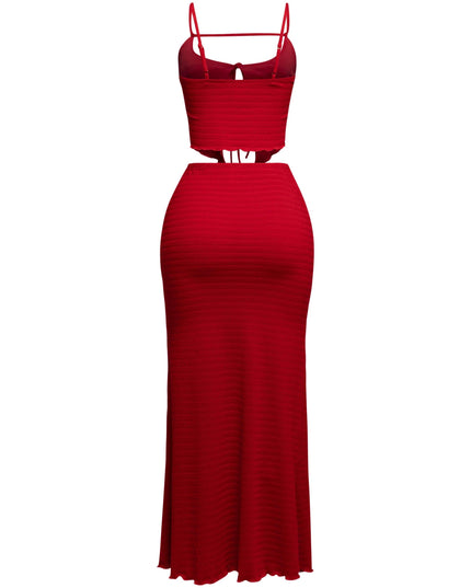 Summer-ready red set with smocked bralette and sleek high waist skirt

