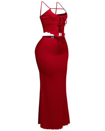 Statement red co-ord with front-tie smocked crop top and curve-hugging maxi skirt for summer nights

