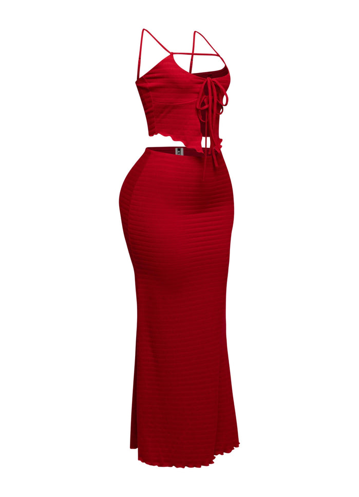Statement red co-ord with front-tie smocked crop top and curve-hugging maxi skirt for summer nights

