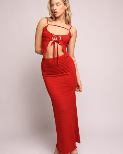 Red spaghetti strap set with flirty keyhole front top and curve-hugging skirt

