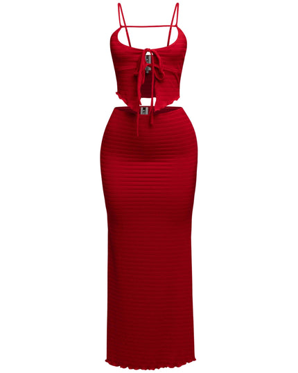 Red stretchy two-piece maxi skirt set with cropped tie top and lettuce trim

