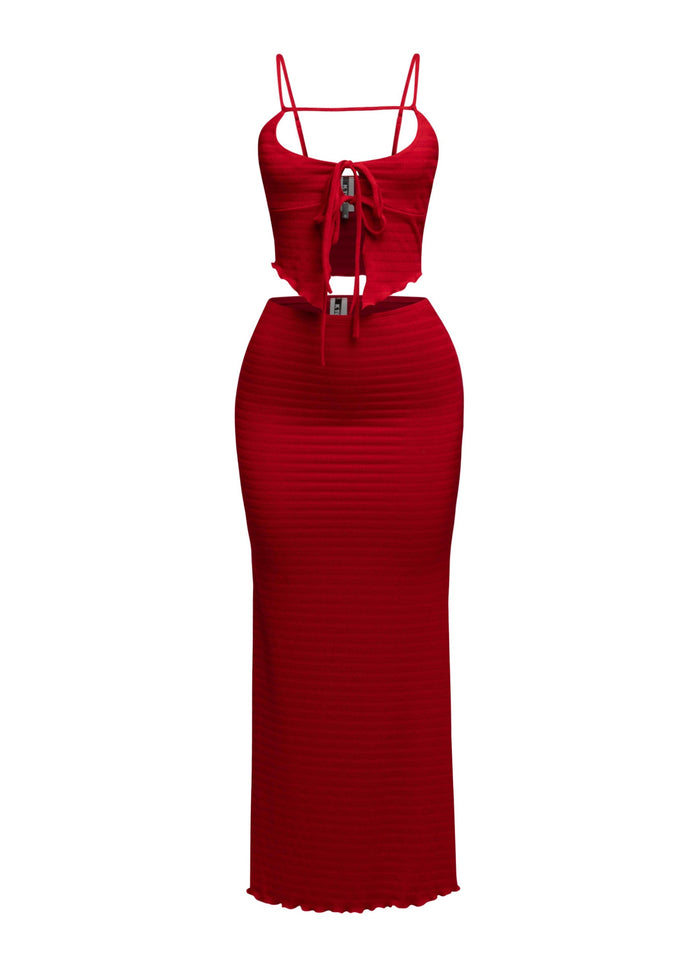 Red stretchy two-piece maxi skirt set with cropped tie top and lettuce trim

