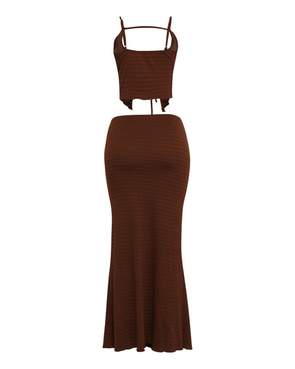 Mocha spaghetti strap crop set with textured stretch fabric and front keyhole

