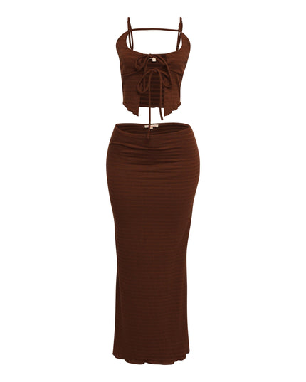 Mocha ribbed set with bust-accentuating crop and sleek maxi-length bottom


