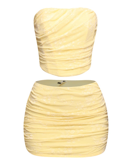 Lemon yellow floral two piece set with ruched strapless top and mini skirt

