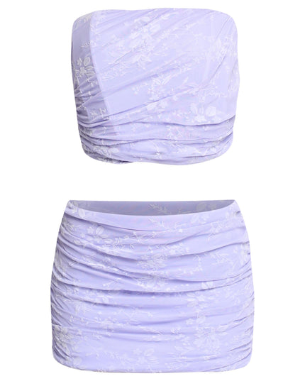 Ruched lavender mini set with floral jacquard and fitted silhouette

