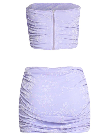 Lavender jacquard tube top and ruched mini skirt set with floral texture

