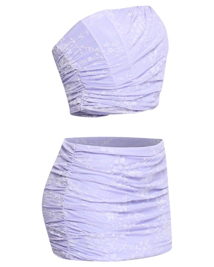 Side view of lavender two piece outfit with shirred detailing

