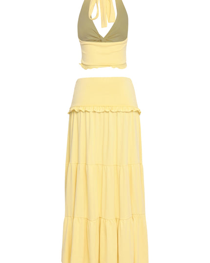 Sun-kissed yellow two-piece skirt set with merrow hem and plunging neckline


