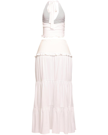 Minimalist white co-ord set with flattering V-waist skirt and soft draping

