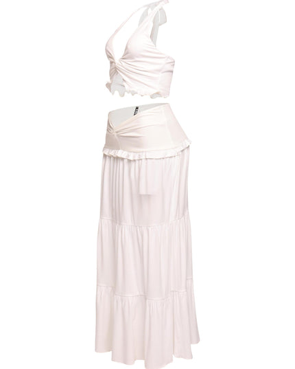 White ruffle hem maxi skirt set with open back and soft summer silhouette

