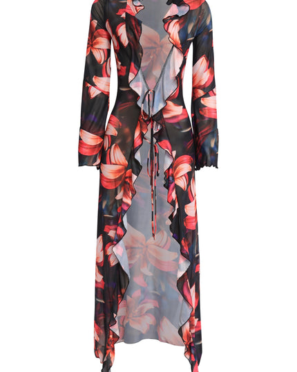 Sheer floral print ruffle tie top in black combo with flared sleeves and cascading front layers styled for elevated vacation glam