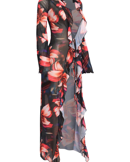 Long sleeve mesh layering top with collared neckline and bold red floral design styled over neutral basics for a statement moment
