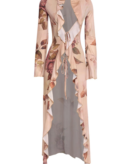 Sheer floral print tie top in nude tones with long sleeves and cascading ruffles styled for resort looks and spring layering