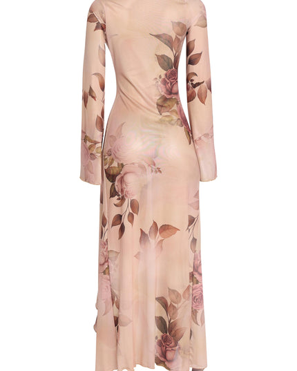 Nude combo chiffon top with feminine flared sleeves and draped silhouette styled for beachside dinners and vacation dressing