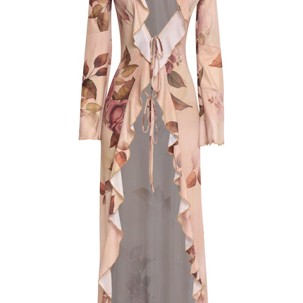 Sheer floral print tie top in nude tones with long sleeves and cascading ruffles styled for resort looks and spring layering