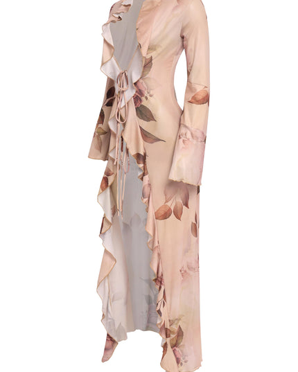 Open front nude floral top with ruffle trim and double tie closure styled as a romantic sheer layer over lingerie or swim