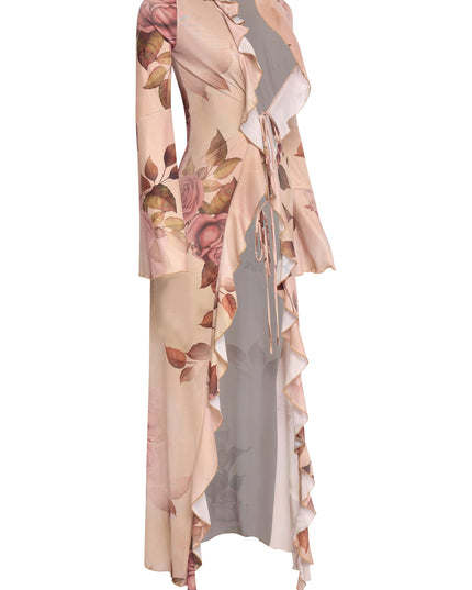 Lightweight nude mesh top with rose floral print and collared neckline styled with minimal separates for elegant warm weather style