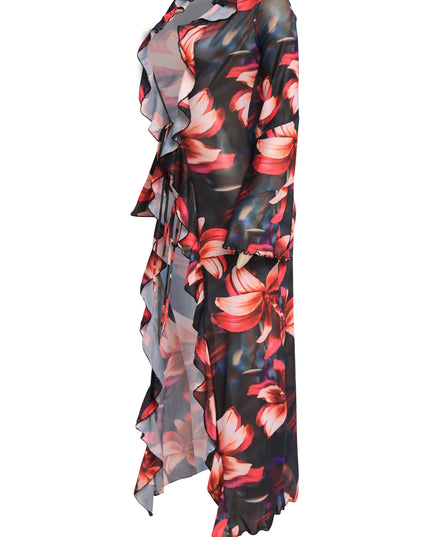 Open front printed chiffon top with double tie closure and flowing ruffle edges styled as a beach cover up or festival fit